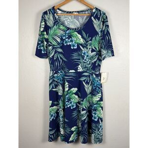 LuLaRoe Nicole Dress 3XL Blue Tropical Floral A-Line Stretch Pockets NWT